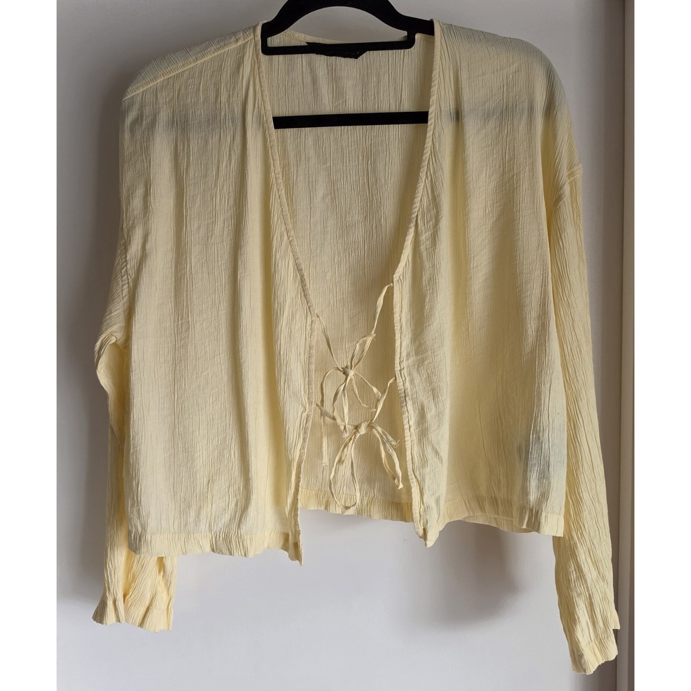 Zara Open-Front Blouse Women S Yellow V-Neck Long Sleeve Solid Casual Top Shirt